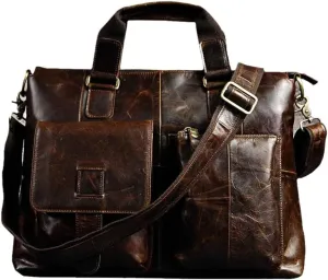 Men Leather Antique Business Briefcase 15" Laptop Case Attache Portfolio Bag One Shoulder Messenger Bag