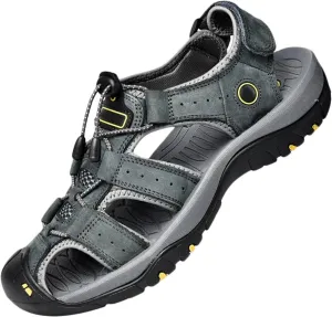 Men Leather Sandals Breathable Closed-Toe Waterproof Anti-Slip Outdoor Walking Hiking Sandals Summer Beach Shoes