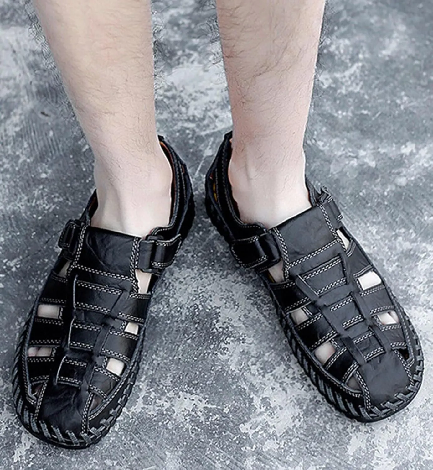 Mens Closed Toe Leather Sandals Breathable Summer Shoes Fisherman Sandals Outdoor Casual Driving Hiking Walking Sandals