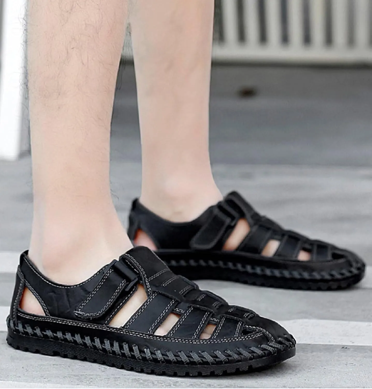 Mens Closed Toe Leather Sandals Breathable Summer Shoes Fisherman Sandals Outdoor Casual Driving Hiking Walking Sandals