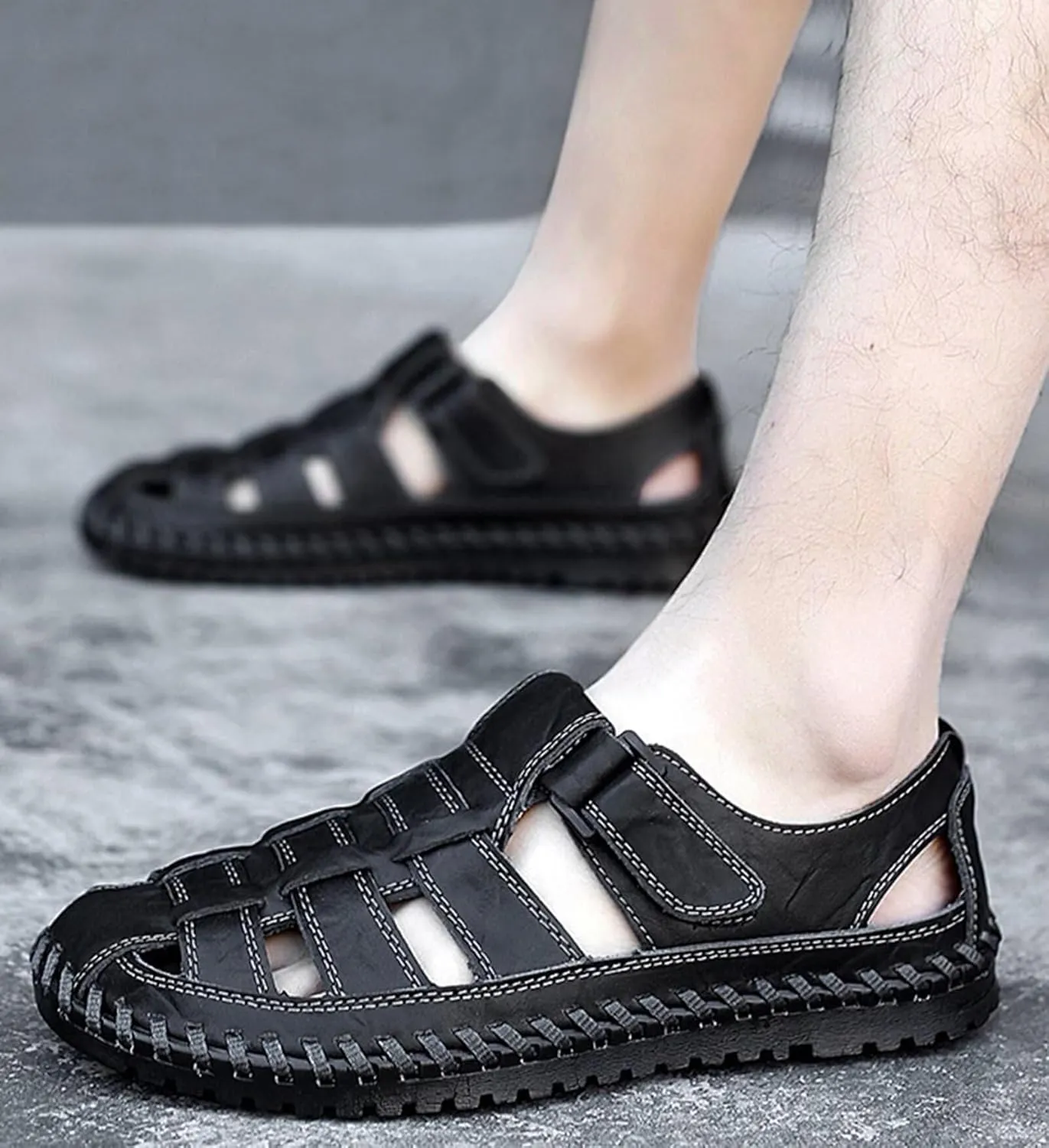 Mens Closed Toe Leather Sandals Breathable Summer Shoes Fisherman Sandals Outdoor Casual Driving Hiking Walking Sandals