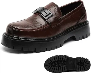 Men's Leather Platform Loafers Metal Buckle Detail Non-Slip Lug Sole Comfortable & Stylish Dress Shoes for Business Casual Work & Formal Occasions