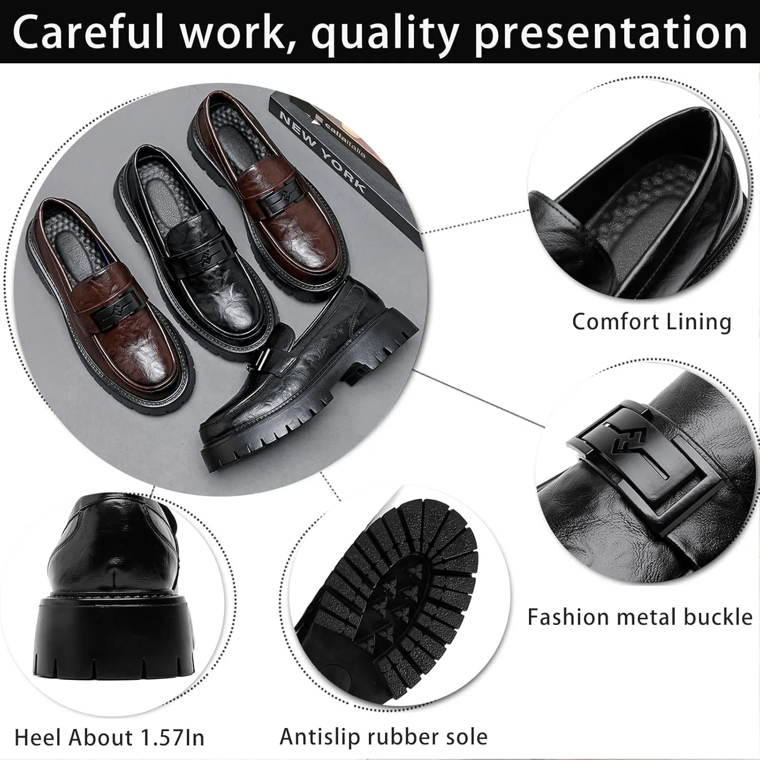 Men's Leather Platform Loafers Metal Buckle Detail Non-Slip Lug Sole Comfortable & Stylish Dress Shoes for Business Casual Work & Formal Occasions