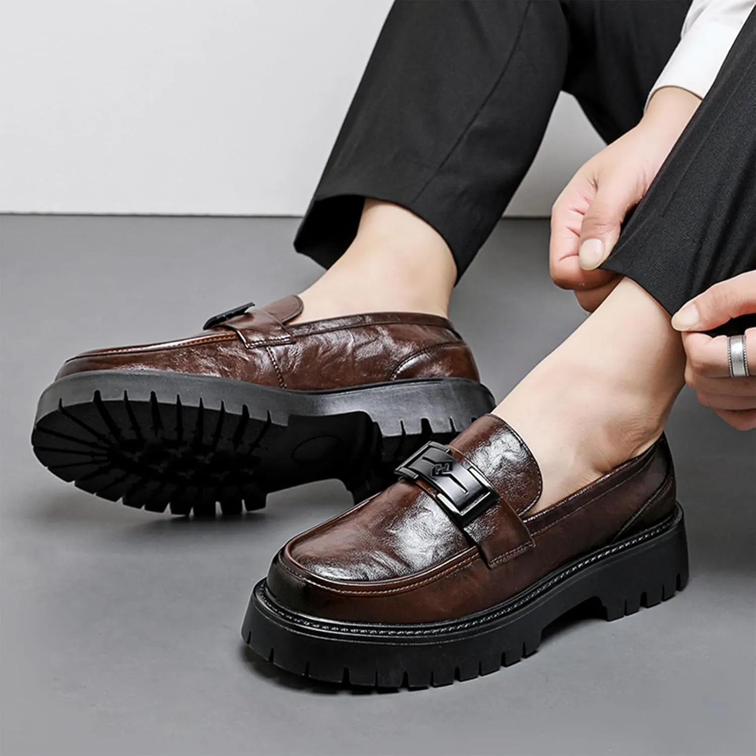 Men's Leather Platform Loafers Metal Buckle Detail Non-Slip Lug Sole Comfortable & Stylish Dress Shoes for Business Casual Work & Formal Occasions