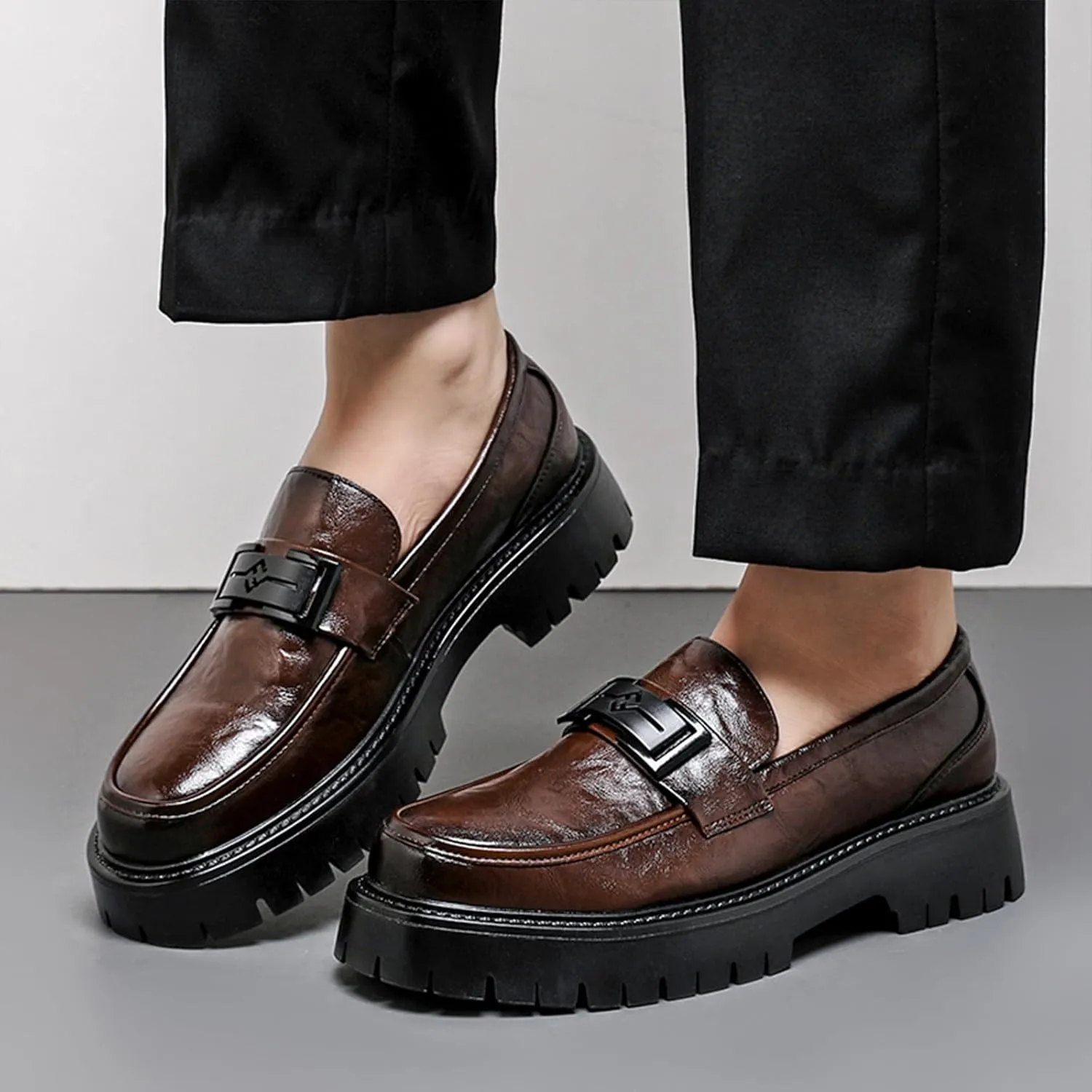 Men's Leather Platform Loafers Metal Buckle Detail Non-Slip Lug Sole Comfortable & Stylish Dress Shoes for Business Casual Work & Formal Occasions