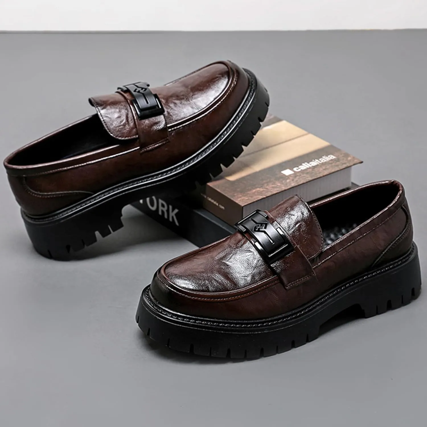 Men's Leather Platform Loafers Metal Buckle Detail Non-Slip Lug Sole Comfortable & Stylish Dress Shoes for Business Casual Work & Formal Occasions
