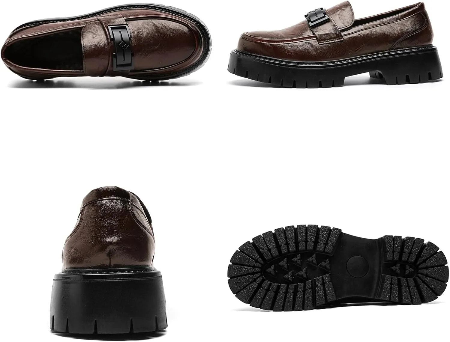 Men's Leather Platform Loafers Metal Buckle Detail Non-Slip Lug Sole Comfortable & Stylish Dress Shoes for Business Casual Work & Formal Occasions