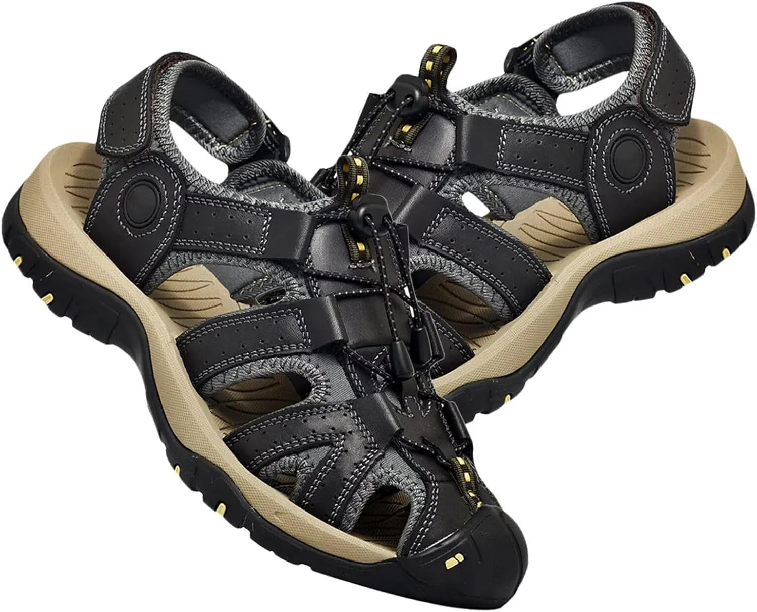 Mens Sports Sandals Leather Closed Toe Outdoor Shoes Adjustable Beach Sandals for Hiking Trekking Breathable Walking Sandals