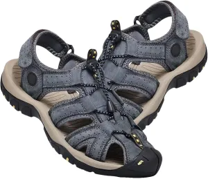 Mens Sports Sandals Leather Closed Toe Outdoor Shoes Adjustable Beach Sandals for Hiking Trekking Breathable Walking Sandals