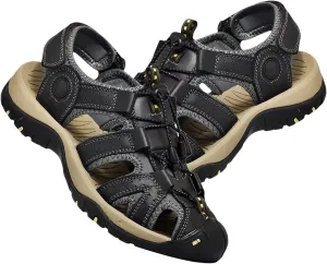 Mens Sports Sandals Leather Closed Toe Outdoor Shoes Adjustable Beach Sandals for Hiking Trekking Breathable Walking Sandals