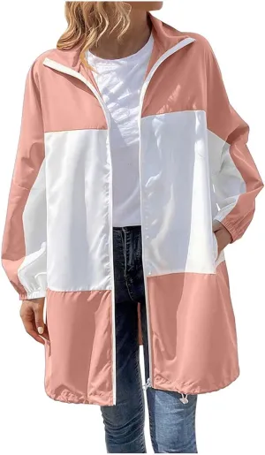 Men's Windbreaker Jackets Women's Lightweight Hooded Raincoat Waterproof Fashion Color Block Outdoor Rain Jacket