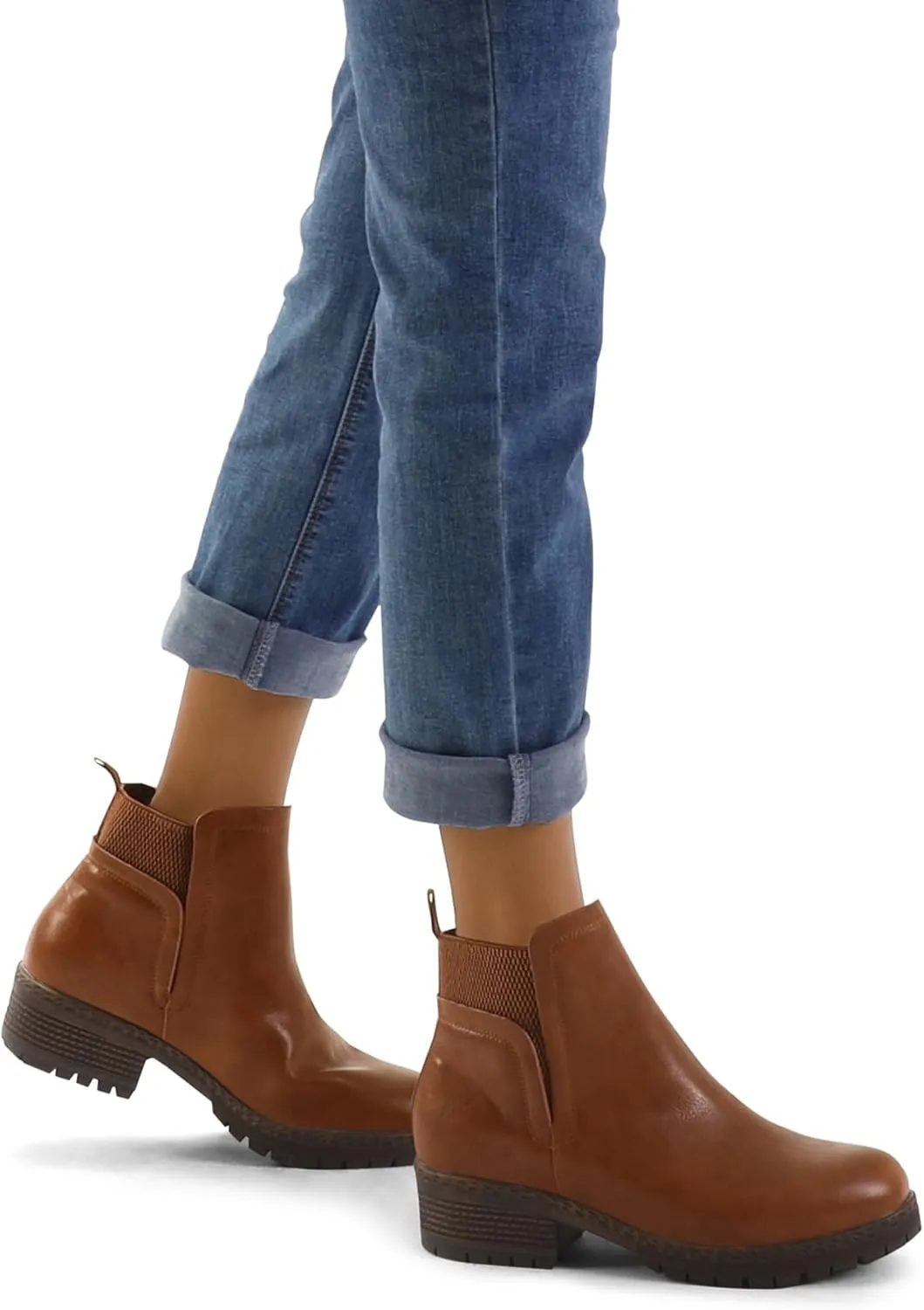 mysoft Women's Elastic Gore Lug Sole Chelsea Boots Slip On Platform Chunky Heel Ankle Booties