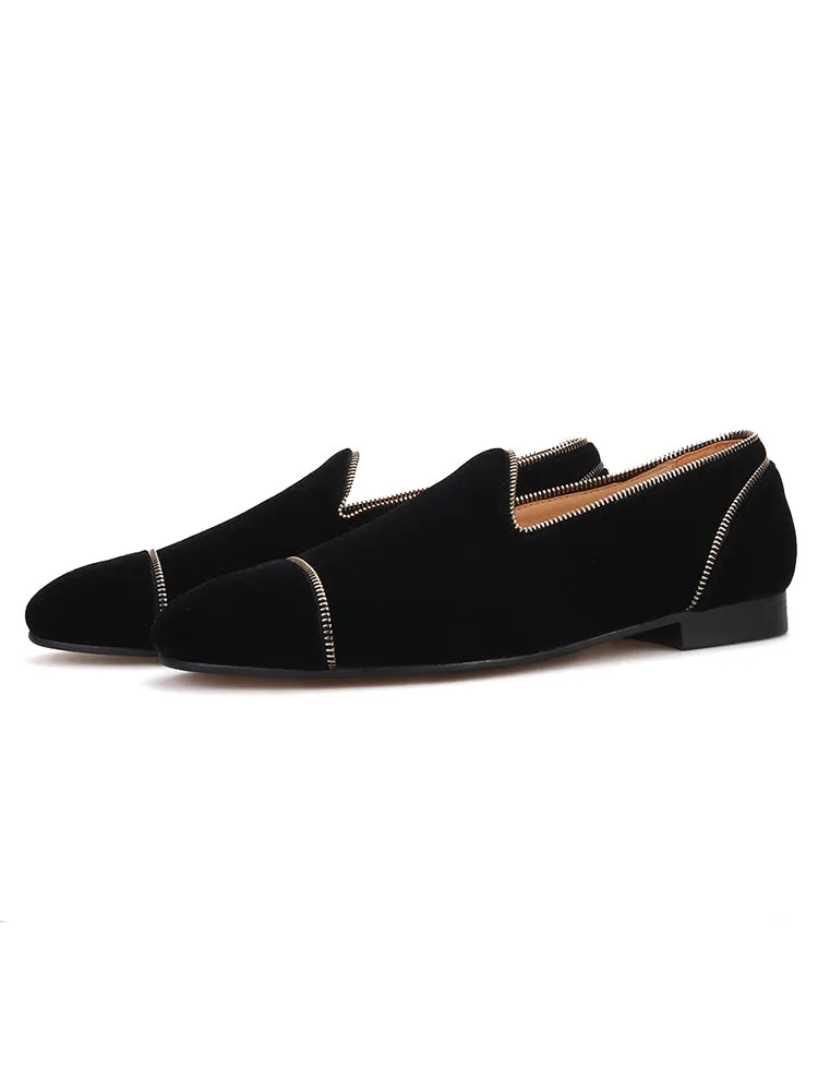 New men's handmade velvet loafers with exquisite zipper design European and American classic slip-on smoking shoes large size