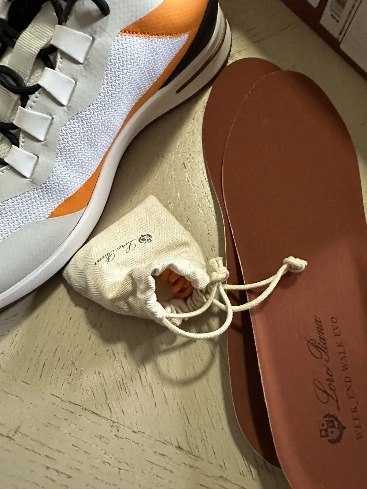 NIB $950 Loro Piana Week End Walk Performance Mesh Sneakers White/Or. 10 US/43 E