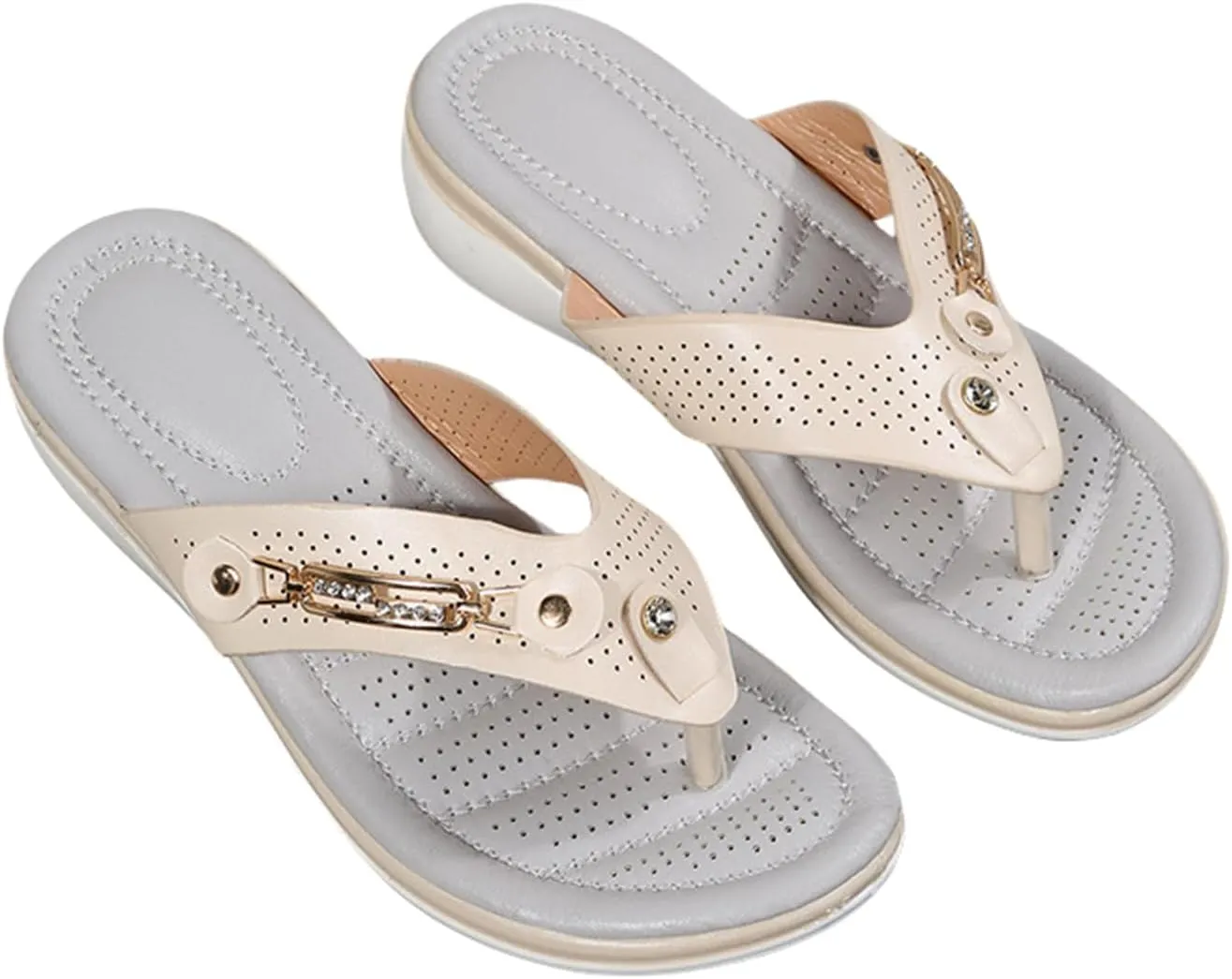 Orthopedic Sandals for Women Arch Support Flip Flops Summer Casual Hollow Metal Buckle Wedge Sandals Comfortable Walking Slippers