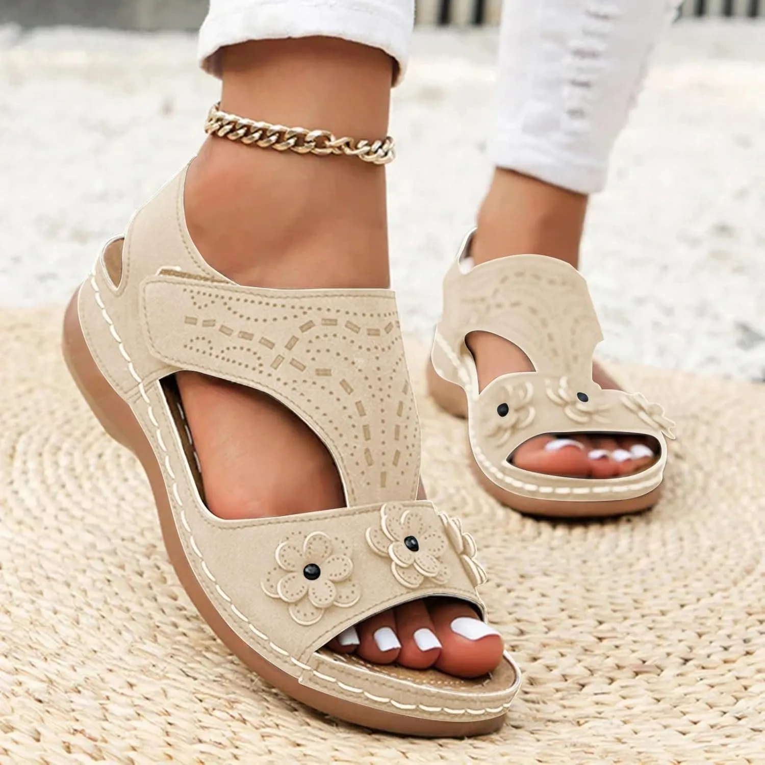 Orthopedic Sandals for Women Comfortable Beach Walking Sandals with Arch Support Adjustable Strappy Flat Sandal 2025 Summer Dressy Orthotic Shoes for Casual Outdoor Sport Vacation Slip On Sandal