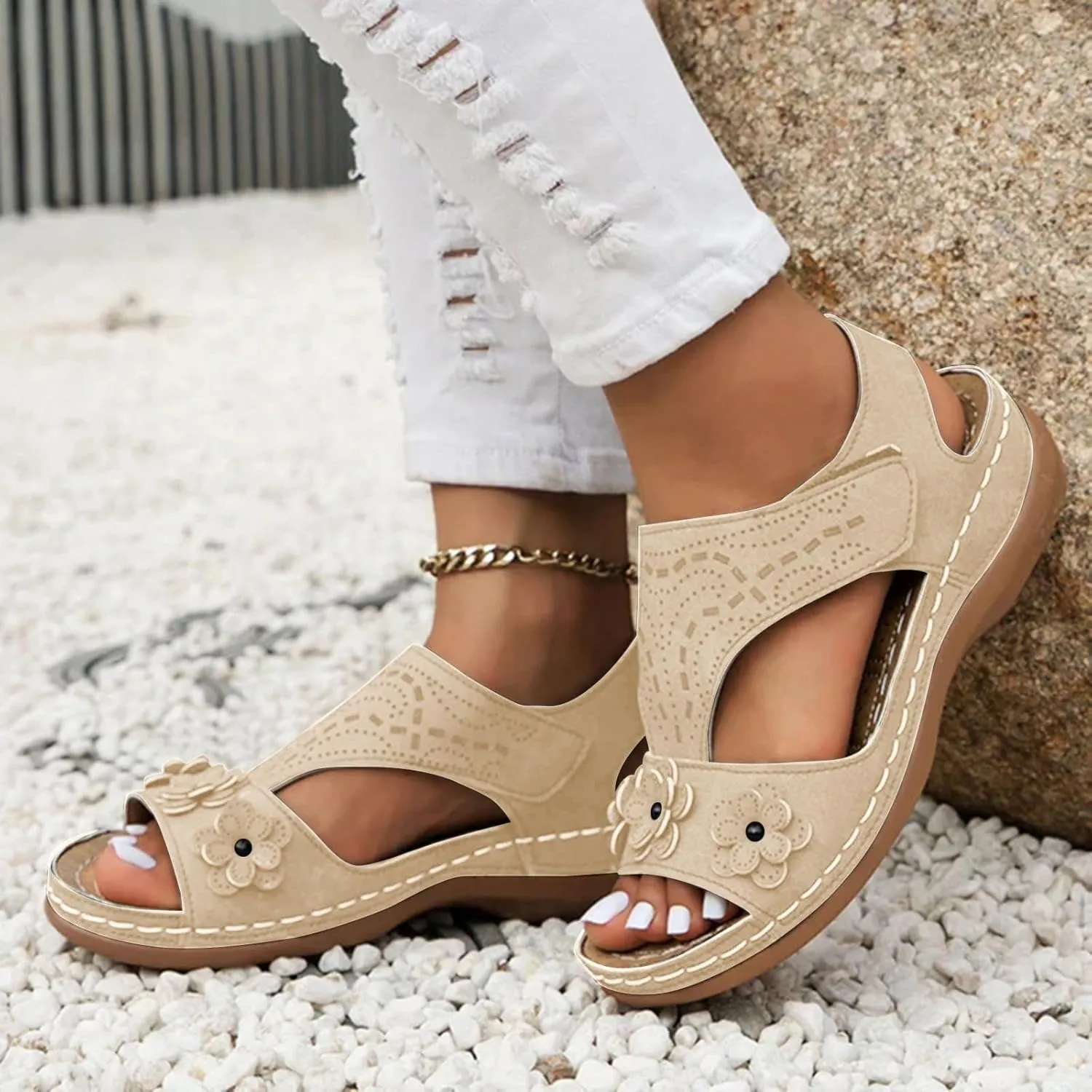 Orthopedic Sandals for Women Comfortable Beach Walking Sandals with Arch Support Adjustable Strappy Flat Sandal 2025 Summer Dressy Orthotic Shoes for Casual Outdoor Sport Vacation Slip On Sandal