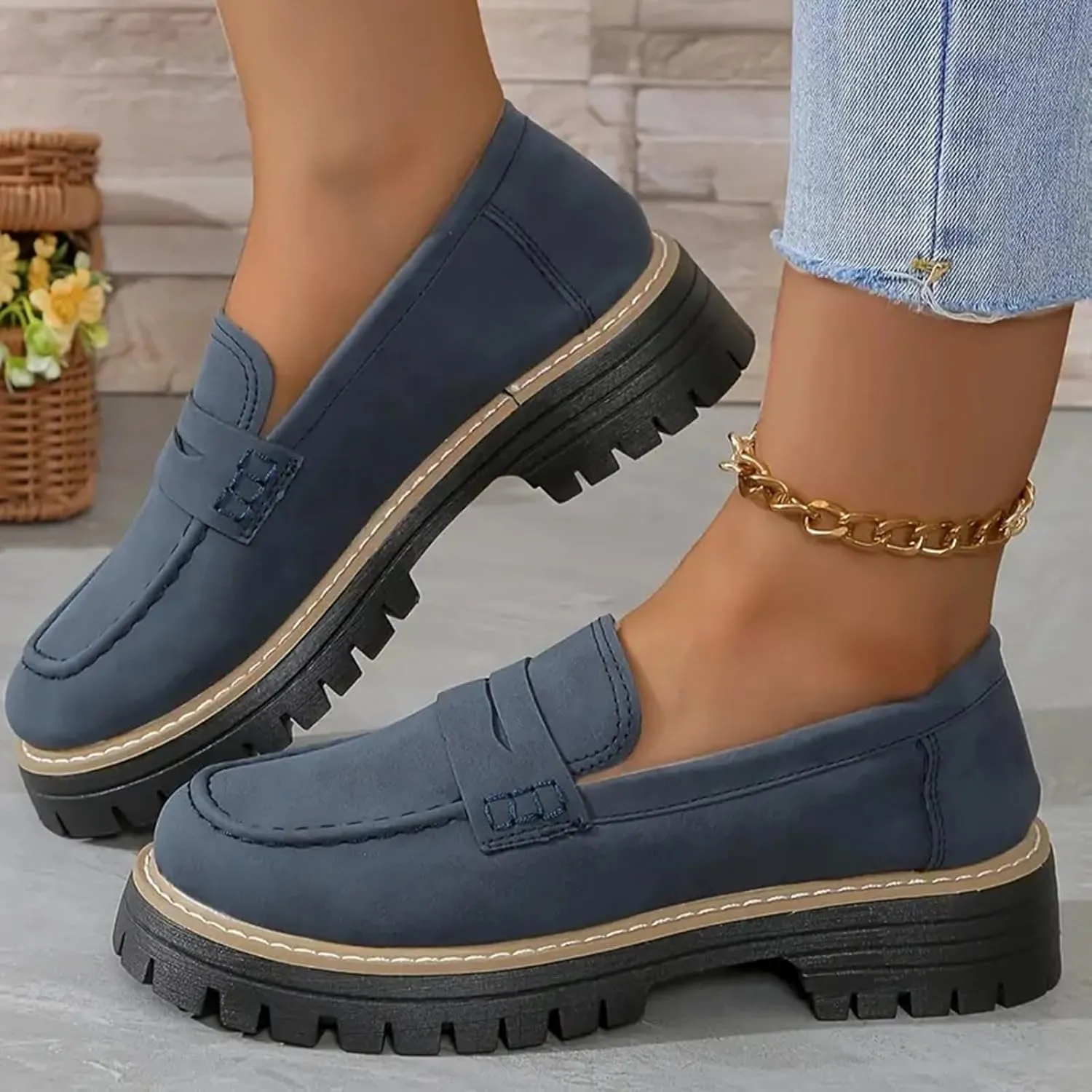 Orthoture-Orthopedic Platform Loafers Platform Loafers for Women Chunky Heel Slip-on Round Toe Comfort Chunky Loafer Shoes