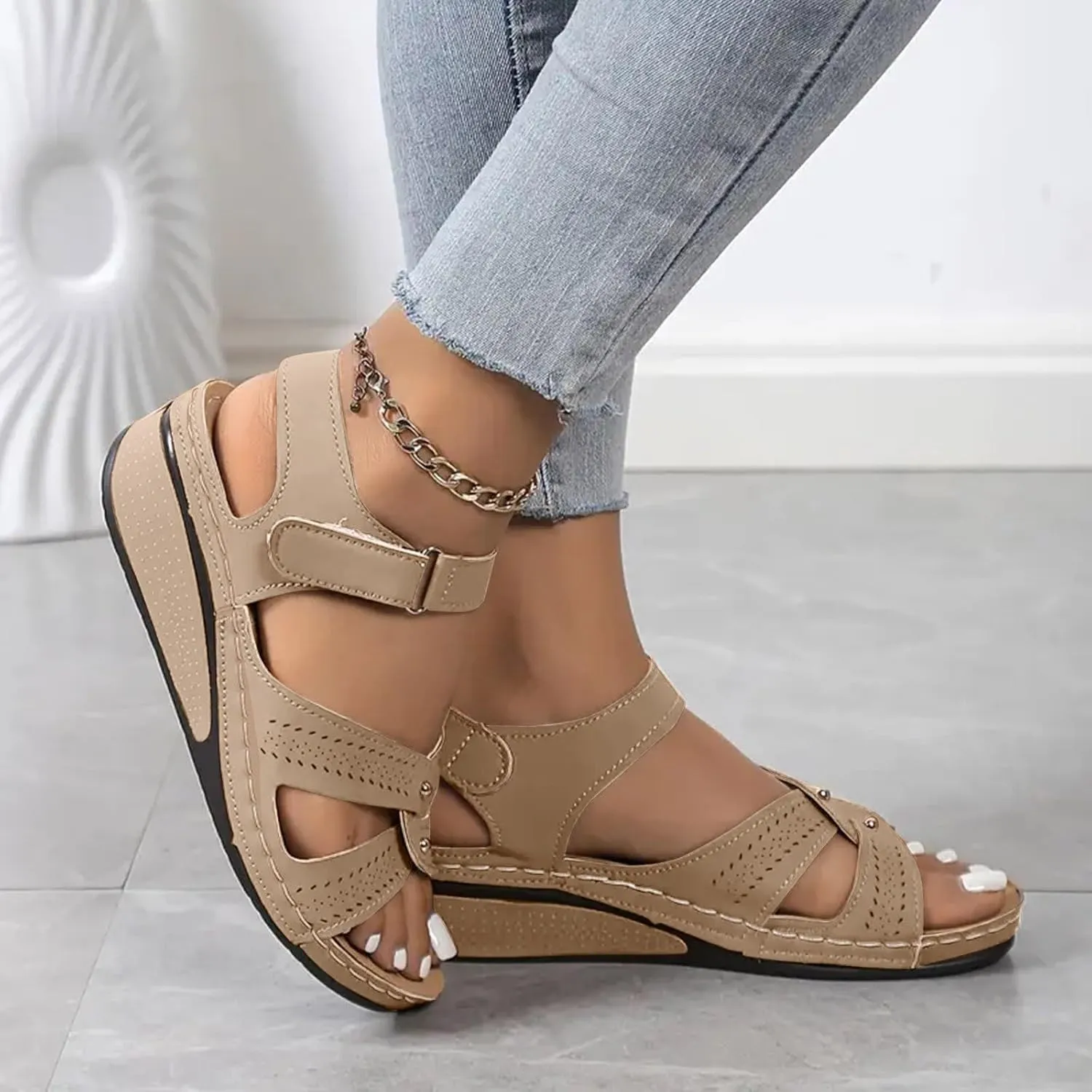 Platform Sandals Women Comfortable Orthopedic Wide Sandals Open Toe Summer Comfort Low Wedge Sandal Walking Beach Vacation Dressy Trendy Shoes Ankle Strap Slip On Shoes with Arch Support