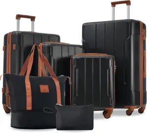 Premium 6-Piece Luggage Set (16/20/24/28") with TSA Lock | Expandable Carry-On Hardshell Suitcase | ABS Material, Spinner Wheels & Lightweight Design (Black Brown)