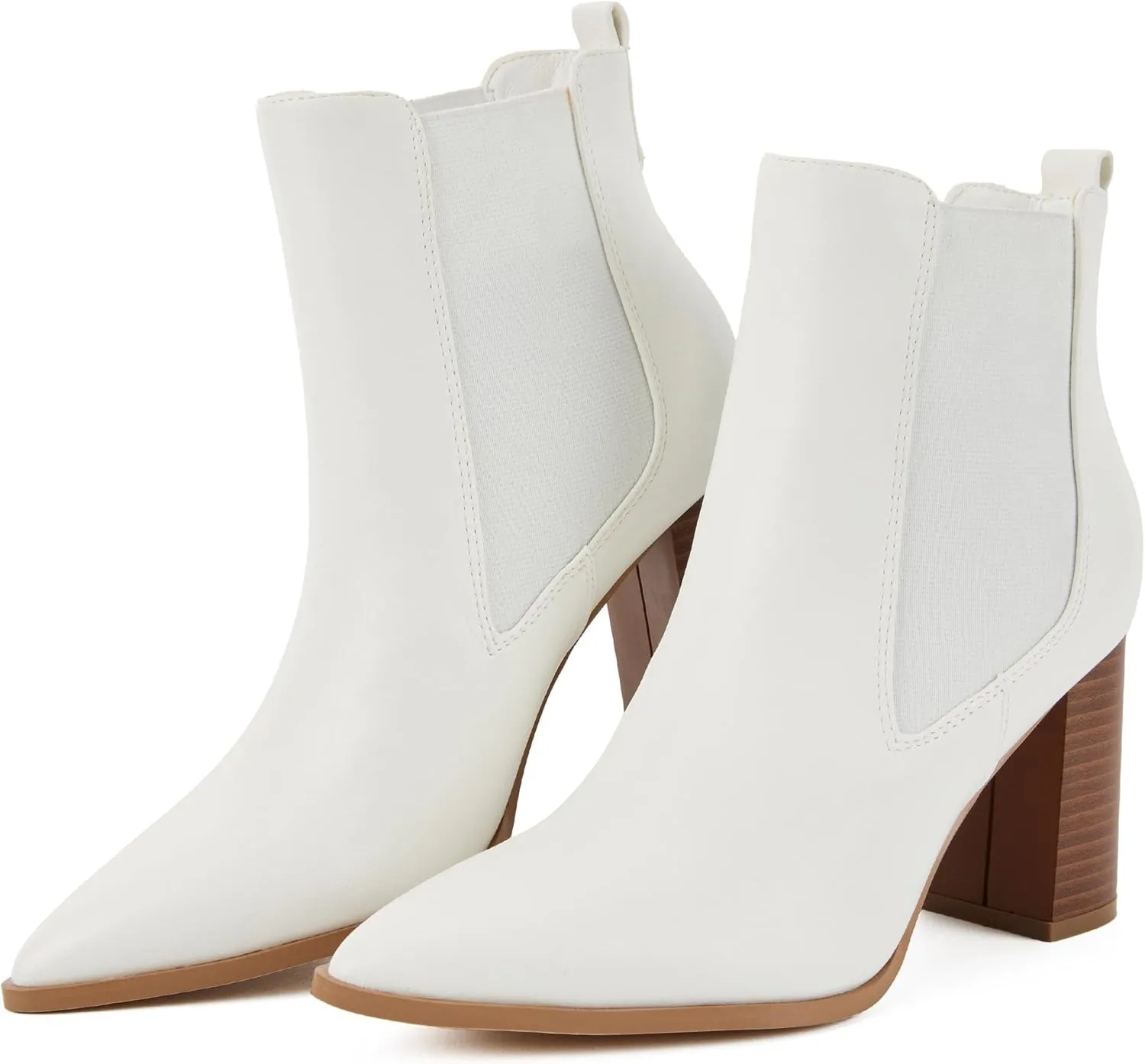 Putu Women's Pointed Toe Ankle Boots Chunky Heel Chelsea Boots Pull on Heeled Booties with Elastic Gore