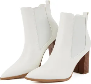 Putu Women's Pointed Toe Ankle Boots Chunky Heel Chelsea Boots Pull on Heeled Booties with Elastic Gore