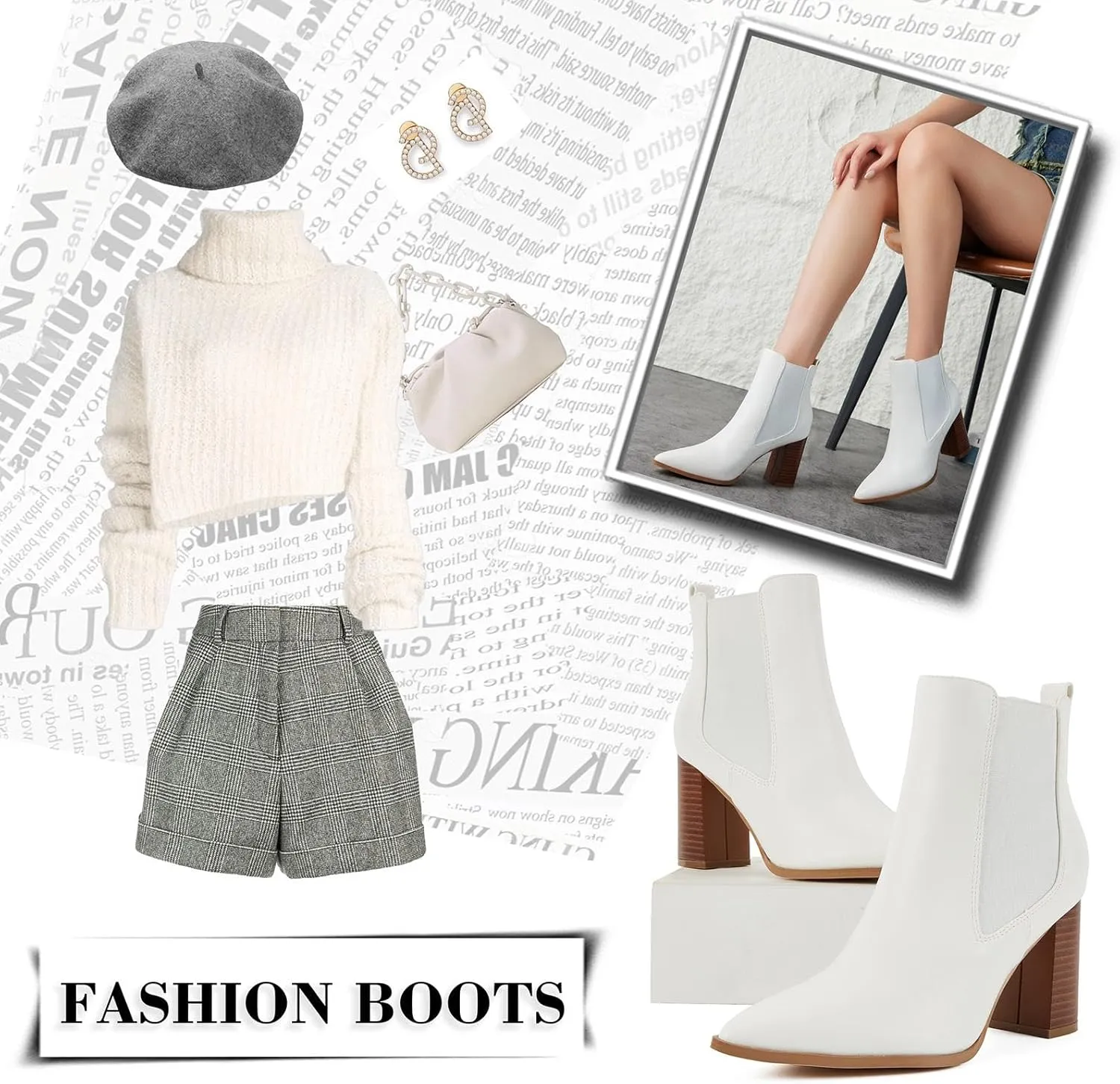 Putu Women's Pointed Toe Ankle Boots Chunky Heel Chelsea Boots Pull on Heeled Booties with Elastic Gore