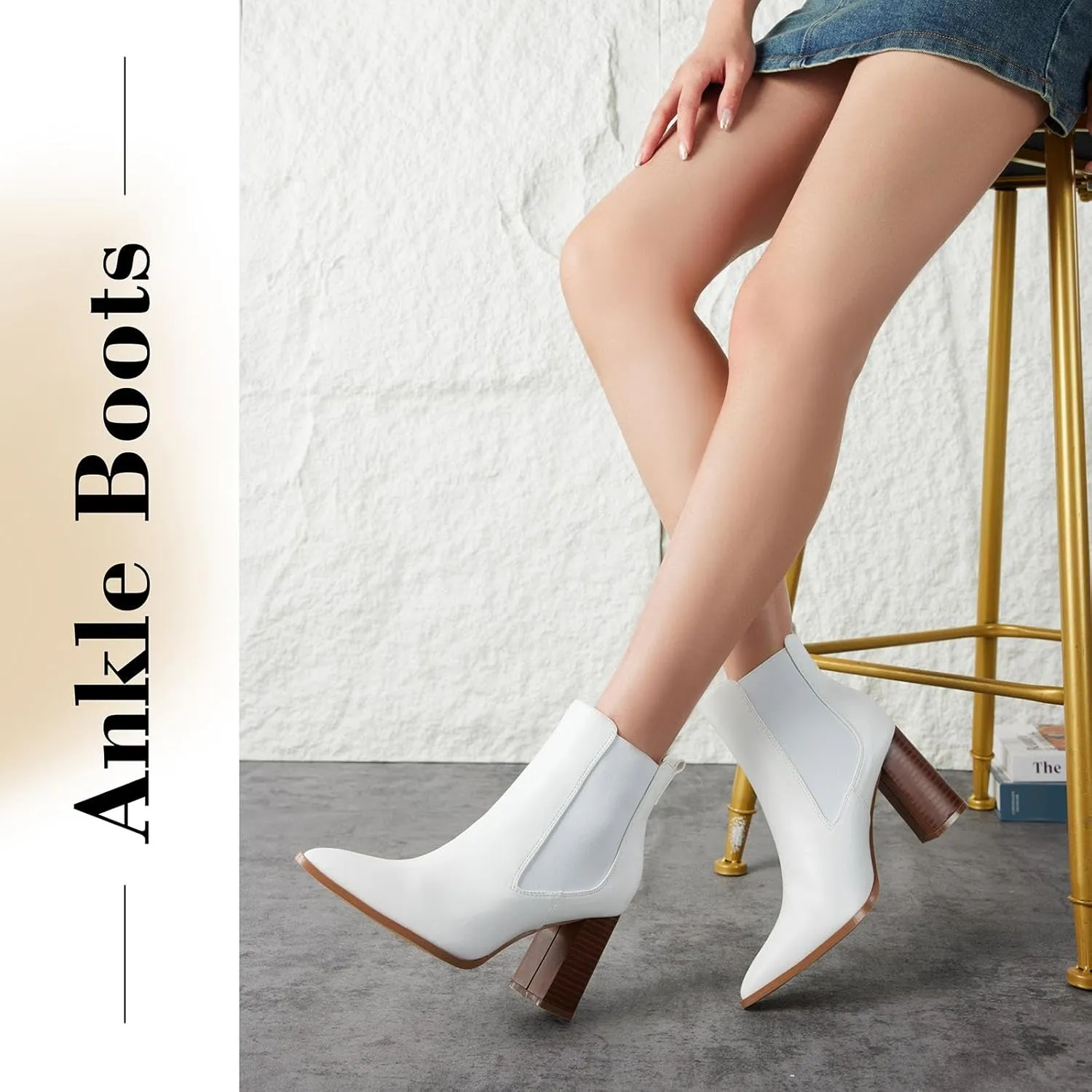 Putu Women's Pointed Toe Ankle Boots Chunky Heel Chelsea Boots Pull on Heeled Booties with Elastic Gore