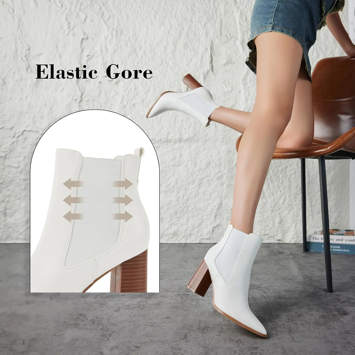 Putu Women's Pointed Toe Ankle Boots Chunky Heel Chelsea Boots Pull on Heeled Booties with Elastic Gore