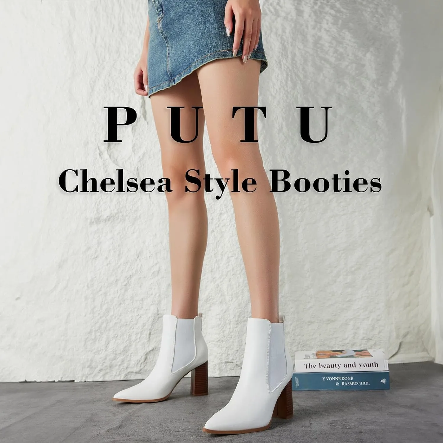 Putu Women's Pointed Toe Ankle Boots Chunky Heel Chelsea Boots Pull on Heeled Booties with Elastic Gore