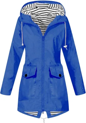 Rain Jacket Women Striped Lined Rain Jacket Lightweight Zip Up Rain Jacket Mid Length Windbreaker Plus Size Raincoat