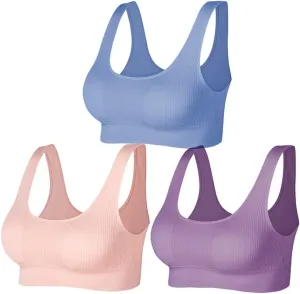 Ribbed Bralettes for Women Yoga Sport Bras Wireless Sleep Bras with Removable Pads 3 Pack