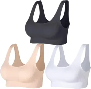 Ribbed Bralettes for Women Yoga Sport Bras Wireless Sleep Bras with Removable Pads 3 Pack