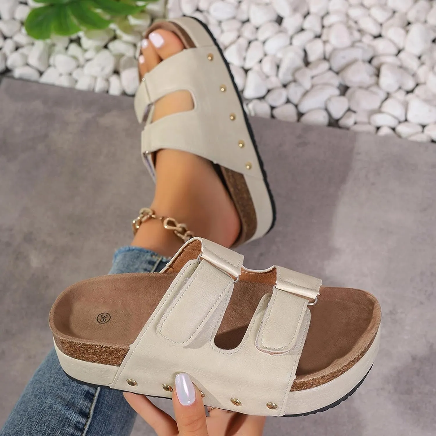 Sandals for Women Cork Platform Slide Sandals Summer Comfortable Casual Beach Shoes with Arch Support Slip On Flat Sandal Adjustable Double Strap Cushion Thick Soles with Memory Foam (C-Brown, 6.5)