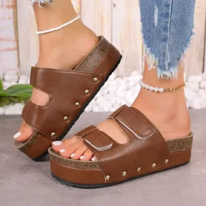Sandals for Women Cork Platform Slide Sandals Summer Comfortable Casual Beach Shoes with Arch Support Slip On Flat Sandal Adjustable Double Strap Cushion Thick Soles with Memory Foam (C-Brown, 6.5)