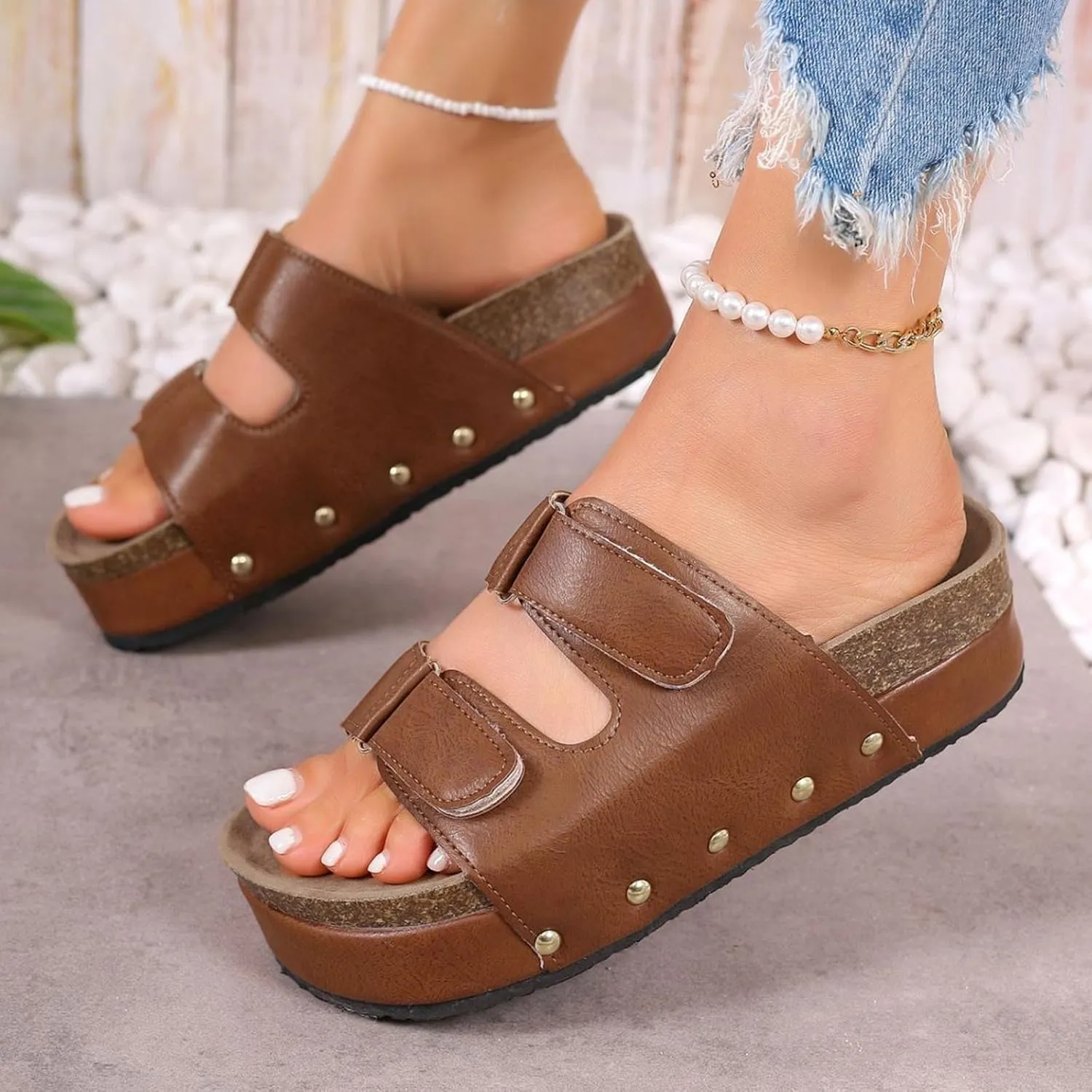 Sandals for Women Cork Platform Slide Sandals Summer Comfortable Casual Beach Shoes with Arch Support Slip On Flat Sandal Adjustable Double Strap Cushion Thick Soles with Memory Foam (C-Brown, 6.5)