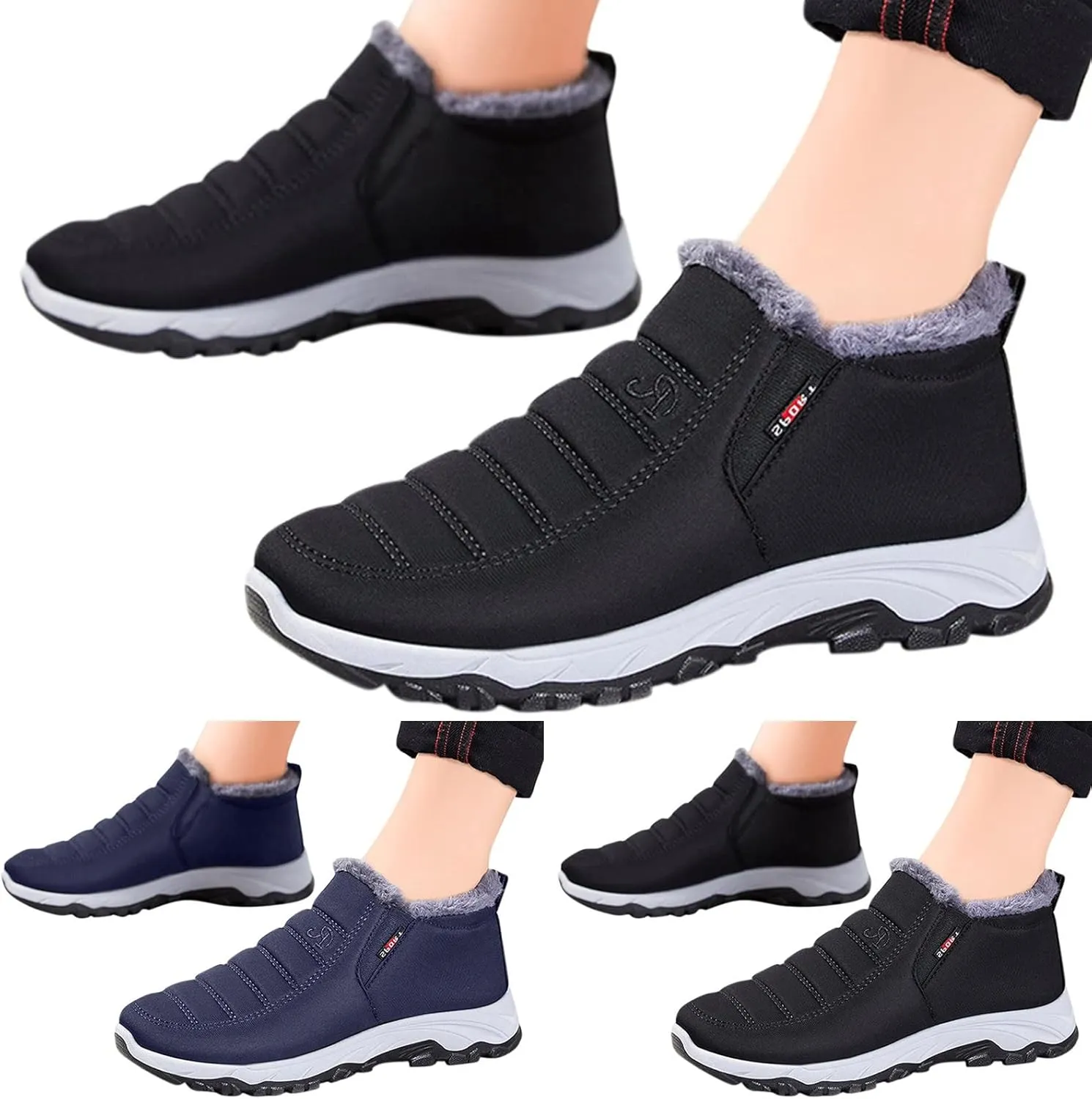 Snow Boots Men Warm Faux Furry Lined Footwear Waterproof Outdoor Lightweight Winter Boots Slip on Ankle Booties Non-slip Climbing Shoes Hiking Boots