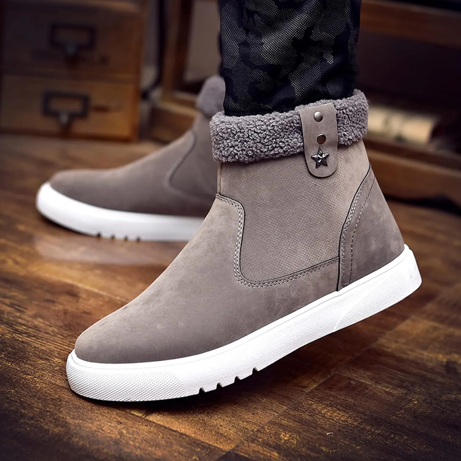 Snow Boots Men Warm Furry Lined Footwear Waterproof Outdoor Lightweight Winter Boots Slip on Ankle Booties Non-slip Climbing Shoes Hiking Boots