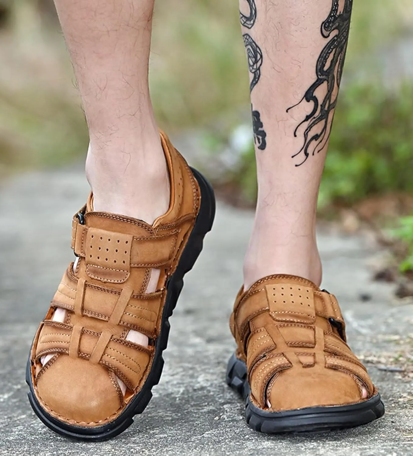 Sports Outdoor Sandals Summer Men's Beach Shoes Closed Toe Sandals Leather Casual Trekking Walking Hiking Sandals for Men