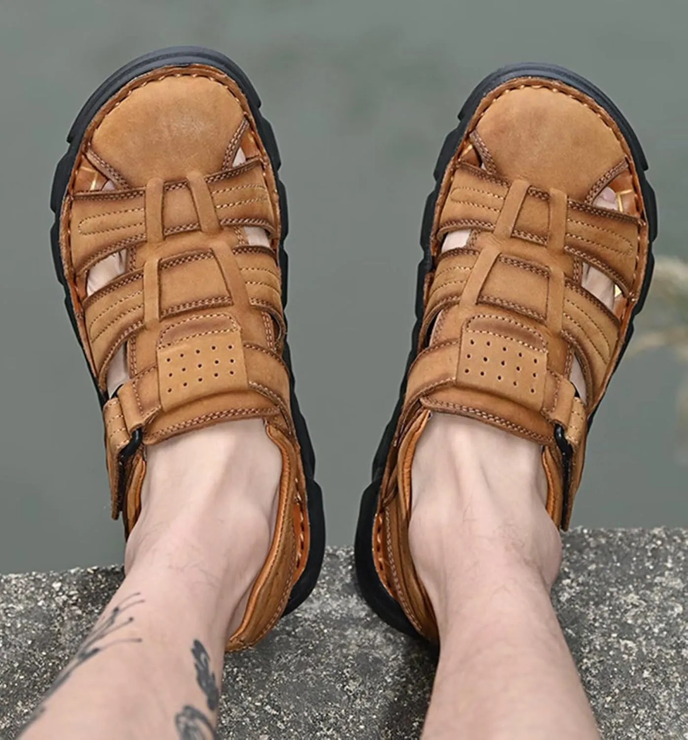 Sports Outdoor Sandals Summer Men's Beach Shoes Closed Toe Sandals Leather Casual Trekking Walking Hiking Sandals for Men