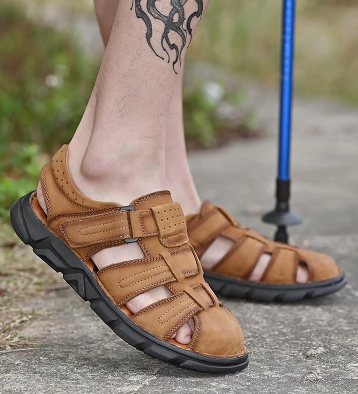 Sports Outdoor Sandals Summer Men's Beach Shoes Closed Toe Sandals Leather Casual Trekking Walking Hiking Sandals for Men