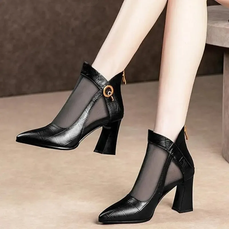 Summer Mesh Boots High Heel Zipper Sexy Black Lace-Up Square Heel Sandals Pumps Shoes Ladies