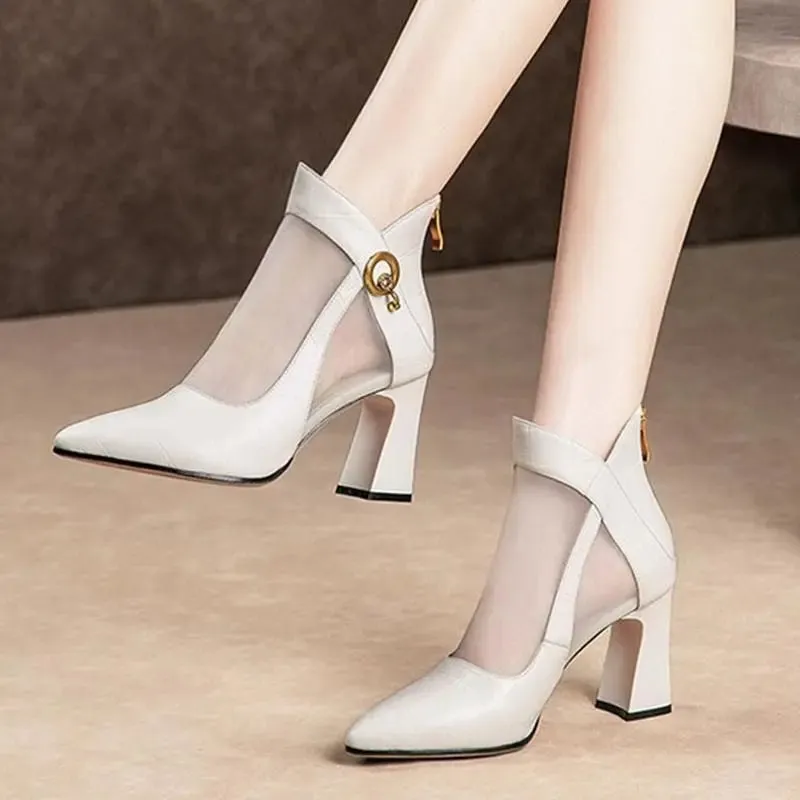 Summer Mesh Boots High Heel Zipper Sexy Black Lace-Up Square Heel Sandals Pumps Shoes Ladies