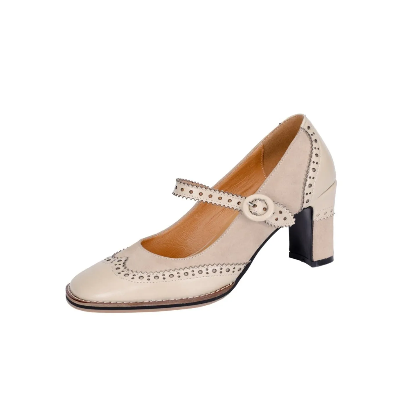 TinaCus Women's Genuine Leather Handmade Lace Buckle Slip On Square Toe High Block Heel Mary Jane Pumps Shoes