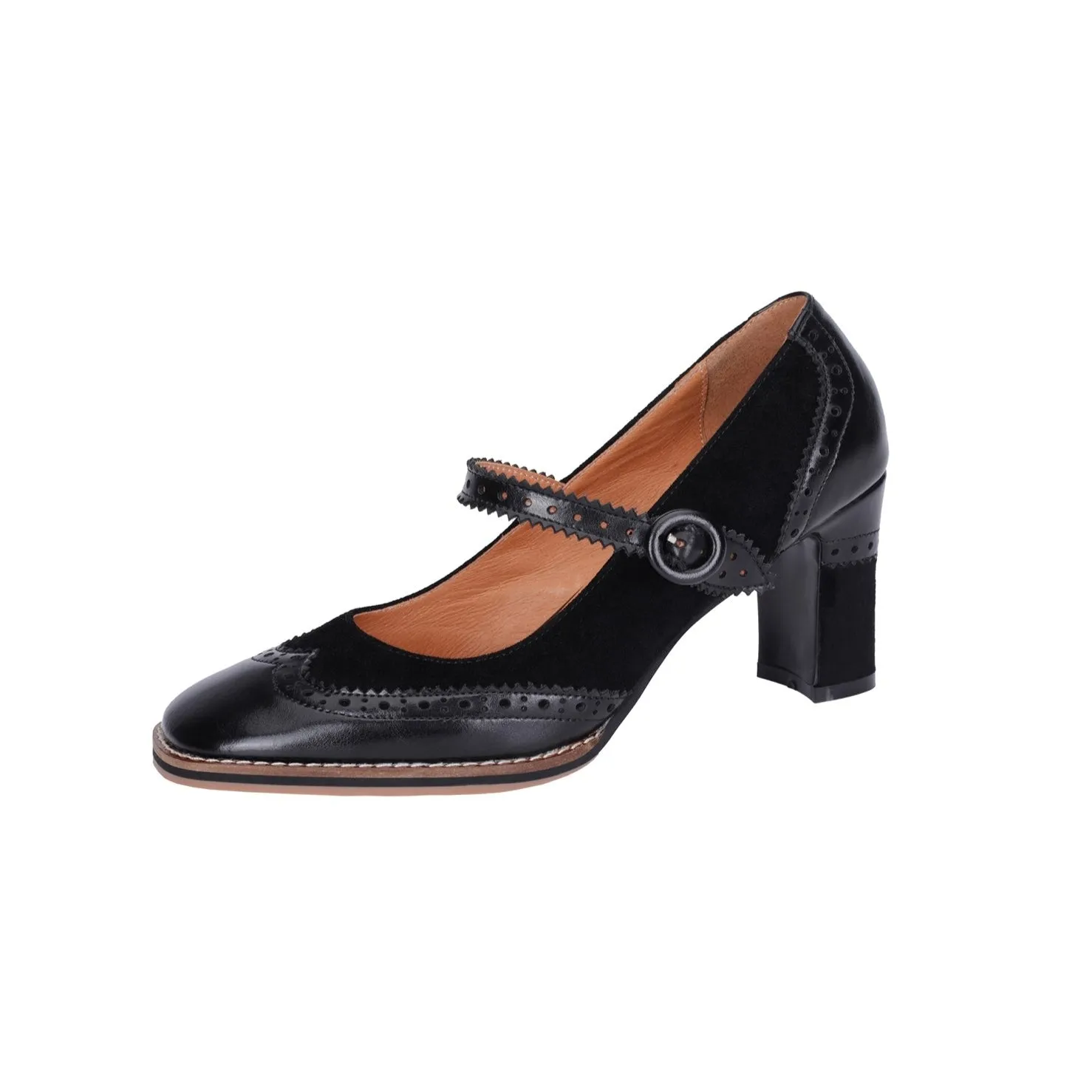 TinaCus Women's Genuine Leather Handmade Lace Buckle Slip On Square Toe High Block Heel Mary Jane Pumps Shoes