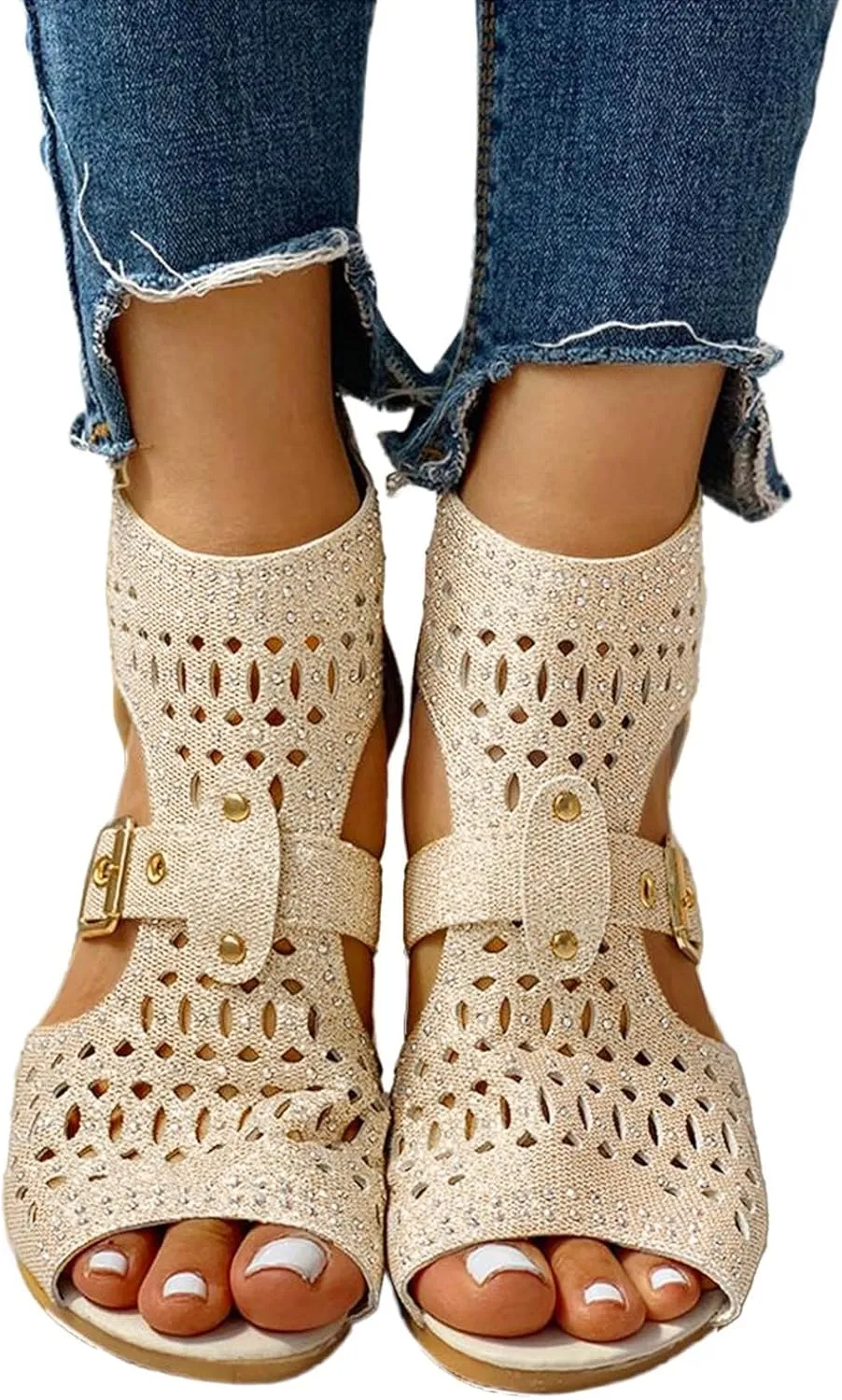 Wedge Sandals For Women Low,Comfortable Walking Sandals for Women Up Zip Out Hollow Crystal Outdoor Shoes Women's Womens Sandals Comfortable Boho Orthopedic Sandals Casual