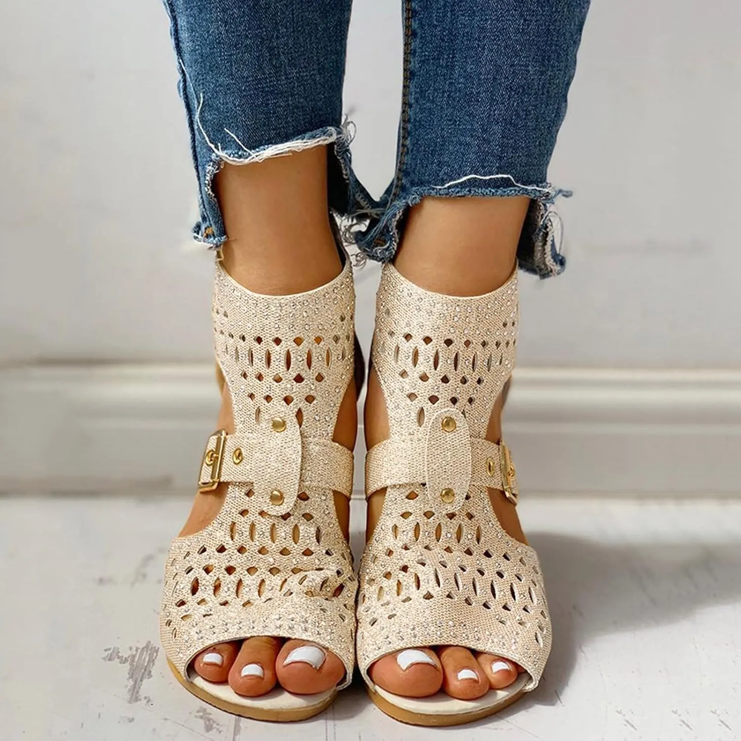 Wedge Sandals For Women Low,Comfortable Walking Sandals for Women Up Zip Out Hollow Crystal Outdoor Shoes Women's Womens Sandals Comfortable Boho Orthopedic Sandals Casual
