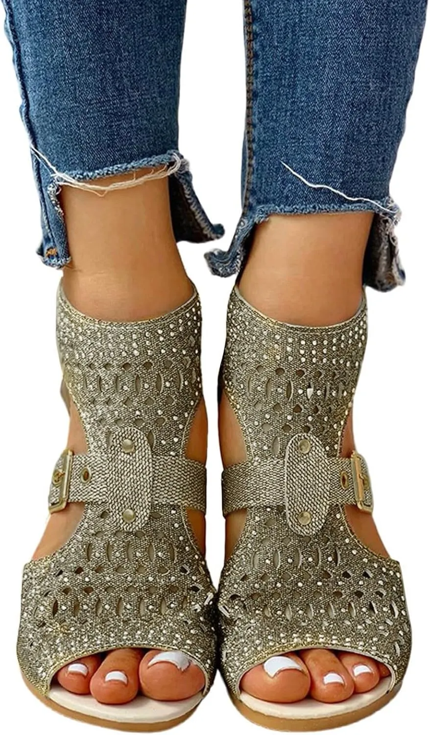 Wedge Sandals For Women Low,Comfortable Walking Sandals for Women Up Zip Out Hollow Crystal Outdoor Shoes Women's Womens Sandals Comfortable Boho Orthopedic Sandals Casual