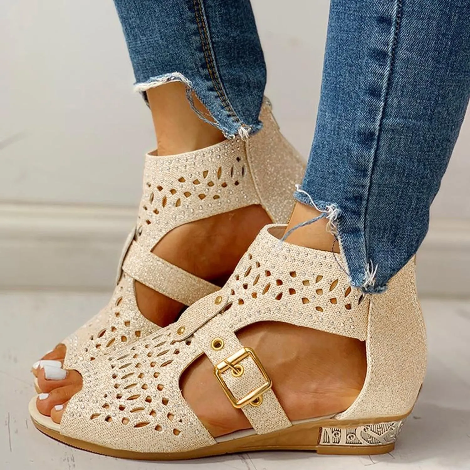 Wedge Sandals For Women Low,Comfortable Walking Sandals for Women Up Zip Out Hollow Crystal Outdoor Shoes Women's Womens Sandals Comfortable Boho Orthopedic Sandals Casual