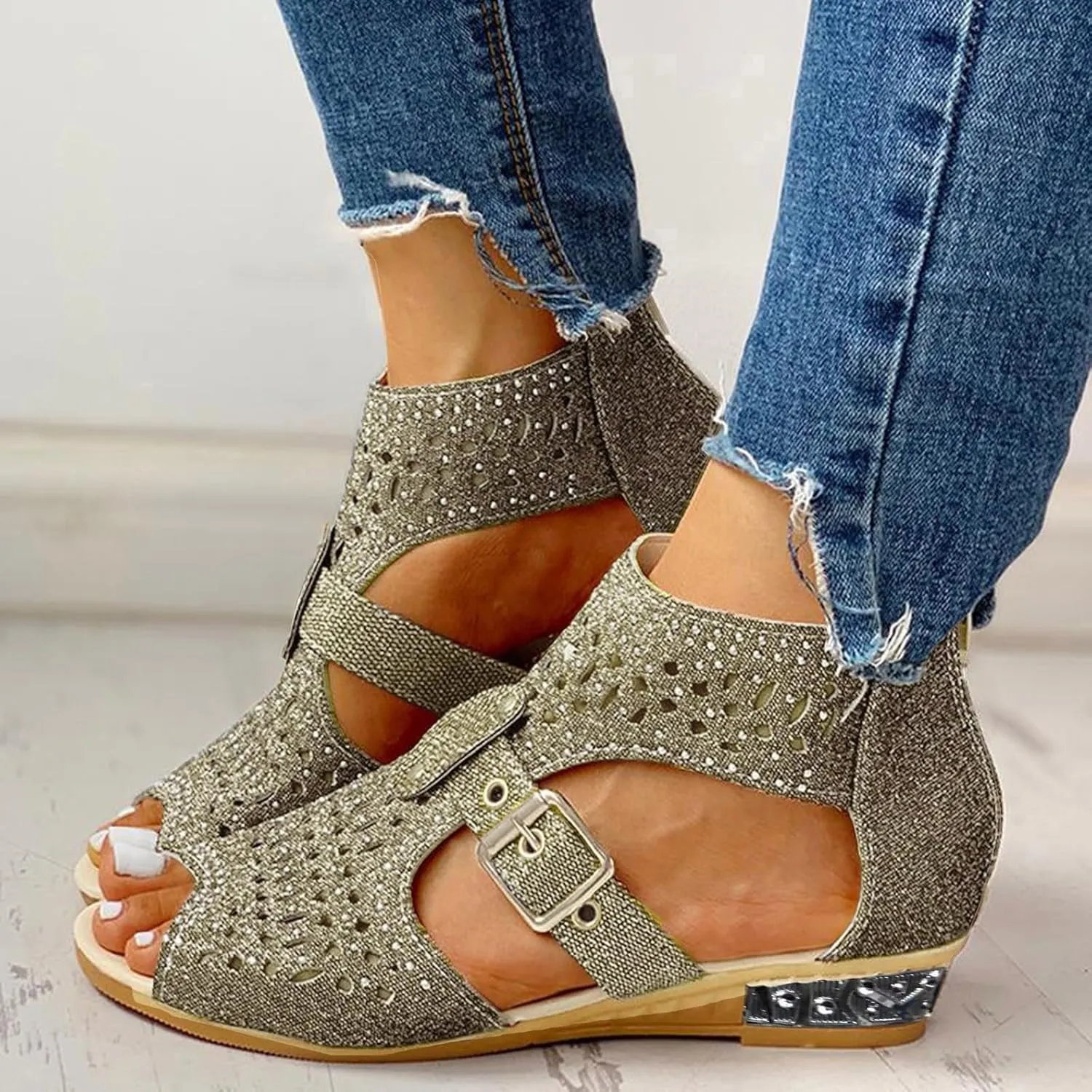 Wedge Sandals For Women Low,Comfortable Walking Sandals for Women Up Zip Out Hollow Crystal Outdoor Shoes Women's Womens Sandals Comfortable Boho Orthopedic Sandals Casual